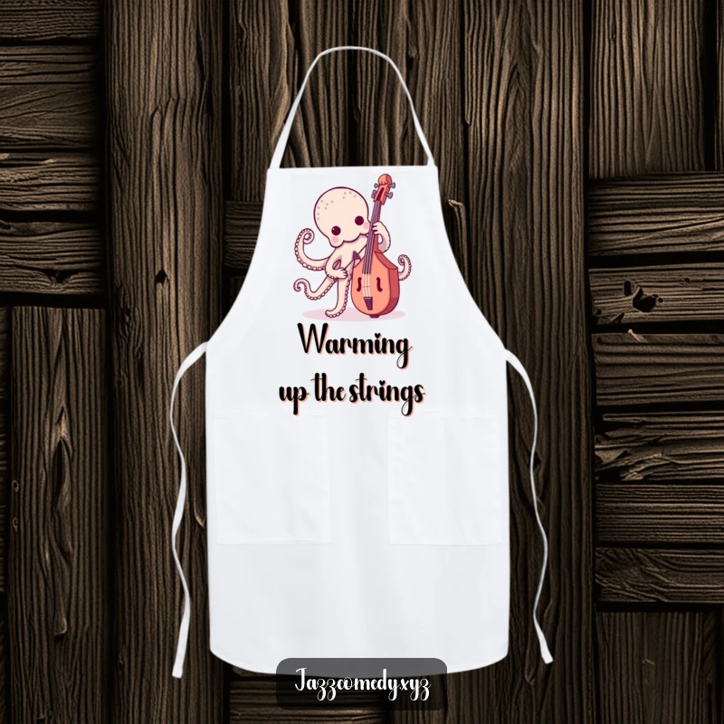 Funny octopus chef wearing an apron, playing a bass guitar, a humorous kitchen gift.