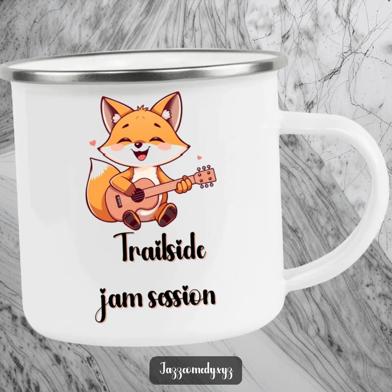 Funny fox playing a guitar around a campfire, a humorous and rugged camping mug.