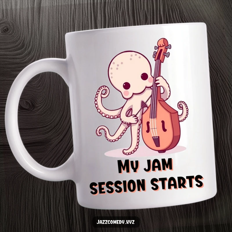 Funny octopus playing a tiny upright bass with musical notes, a gift for music lovers.