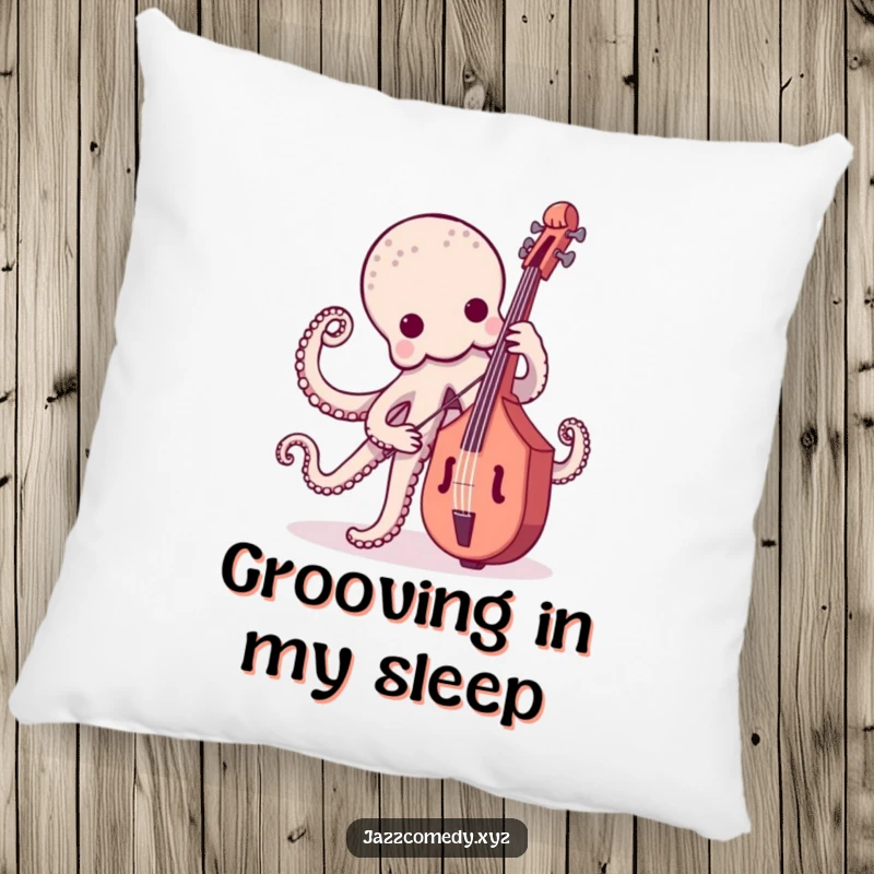 Soft funny octopus character holding a bass guitar, a comfortable and humorous decorative pillow.