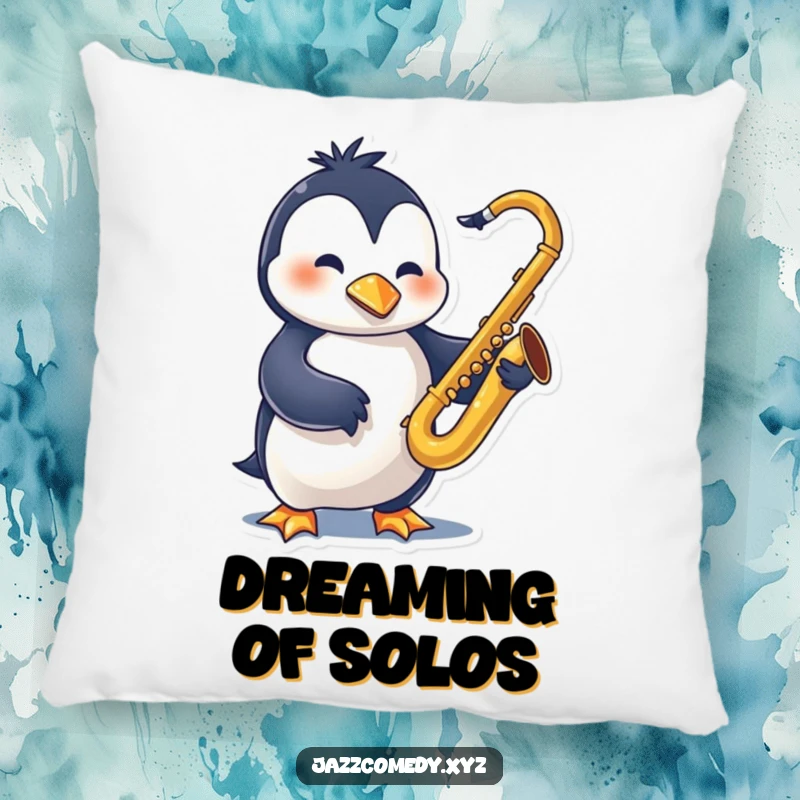 Funny Penguin Sax Pillow featuring a swinging character playing a saxophone, perfect for comfort and cool decor.