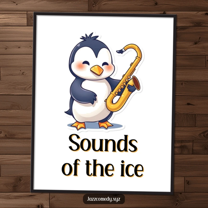 Funny Penguin Sax Digital Art Print of a swinging character playing a saxophone, perfect for cool jazz-themed decor.