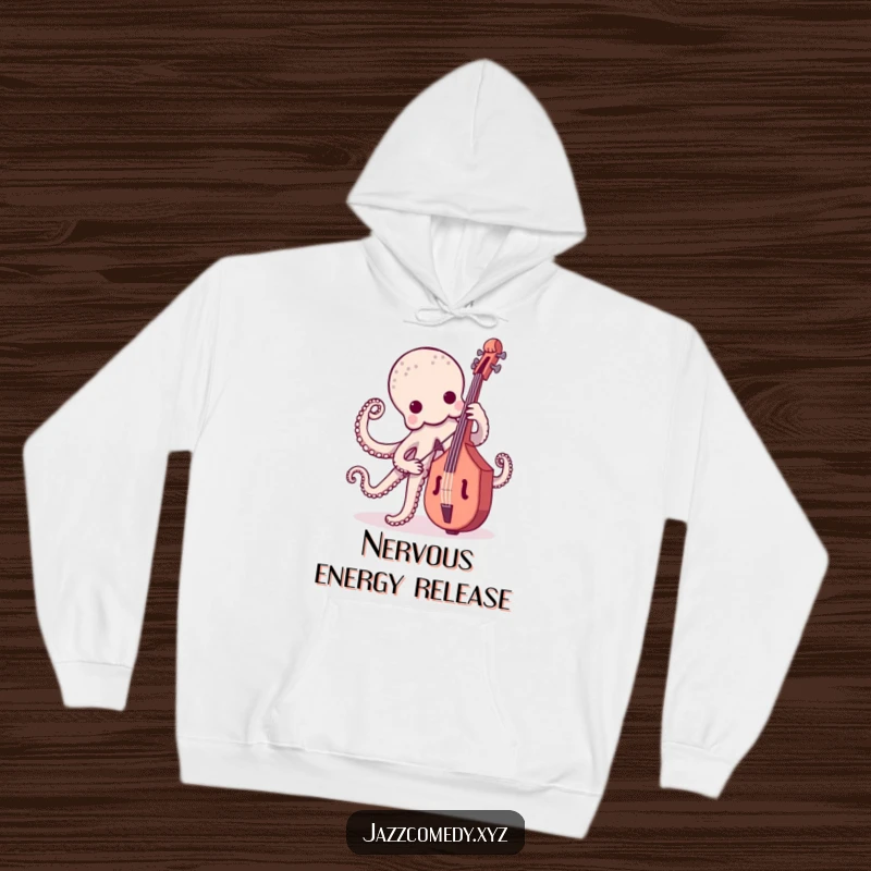 Cozy funny octopus wearing headphones, playing an upright bass, a warm and musical hoodie.