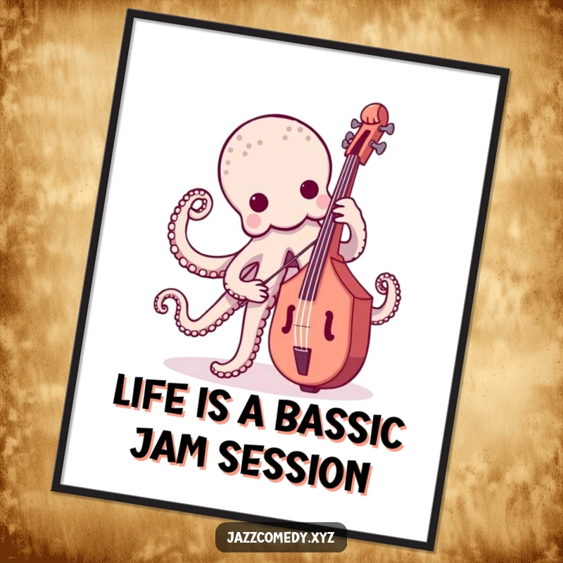 Funny free printable wall art: a cheerful octopus enthusiastically playing a tiny upright bass, bringing rhythm and humor to any room.
