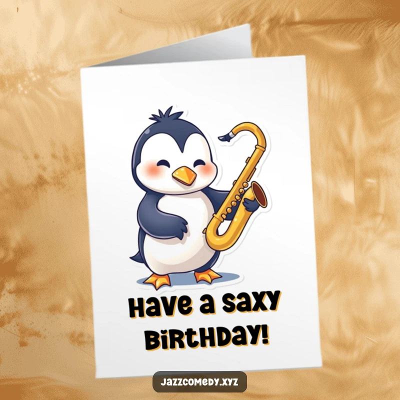 Funny Free Printable Birthday Card: A cool penguin swinging while playing a saxophone, ready to celebrate.