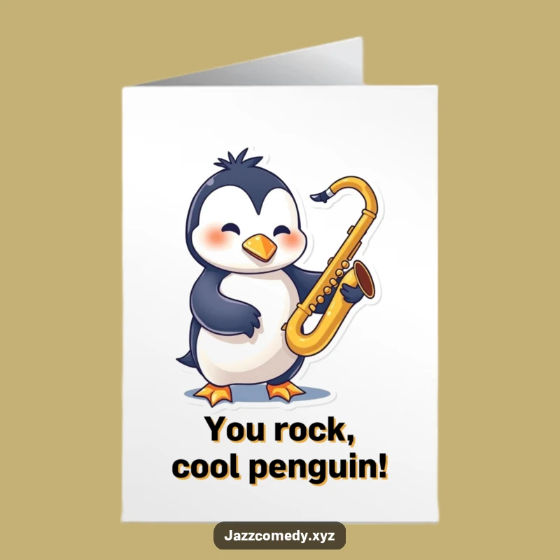 Free Printable Congrats Card: Swinging Penguin Sax, Downloadable DIY Gift