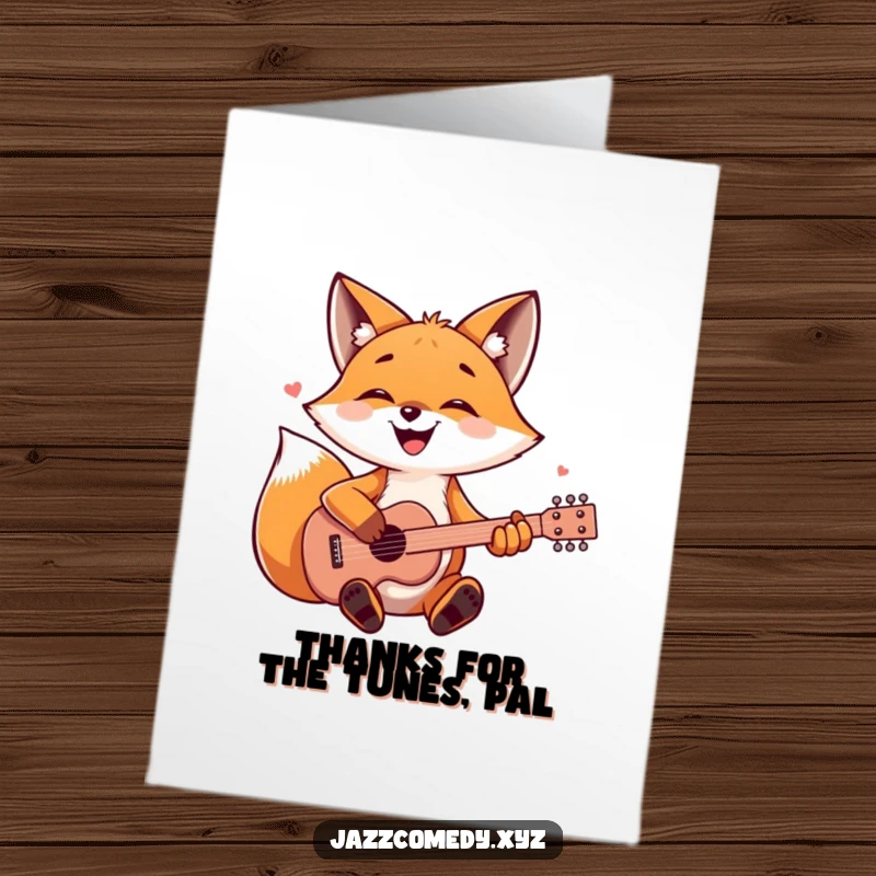 Funny free printable thank you card featuring a delightful fox playing a guitar with its paws, expressing sincere gratitude.
