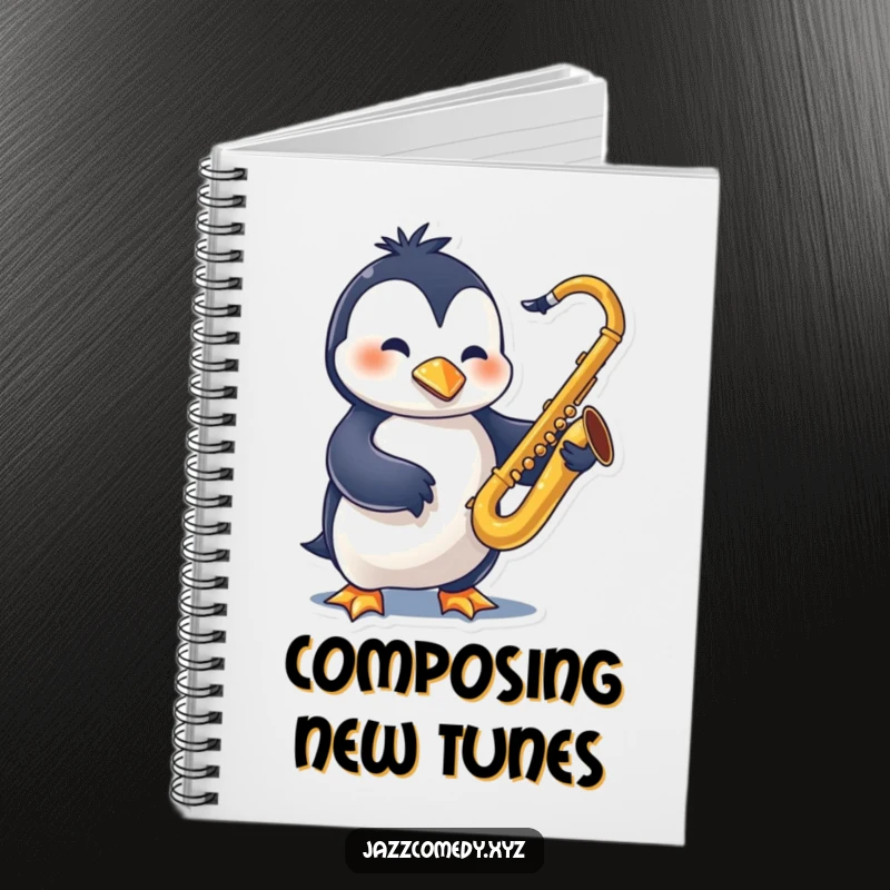 Funny Penguin Sax Notebook with a swinging character playing a saxophone, perfect for journaling and musical inspiration.