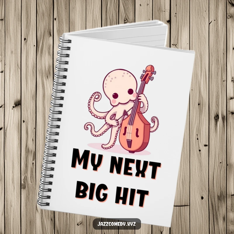 Funny octopus with a bass guitar, ready to write, a humorous and practical notebook.