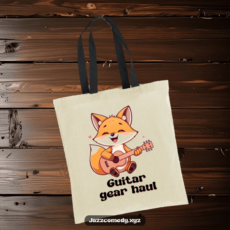Happy fox playing a guitar, ready for a road trip, a stylish and humorous tote.