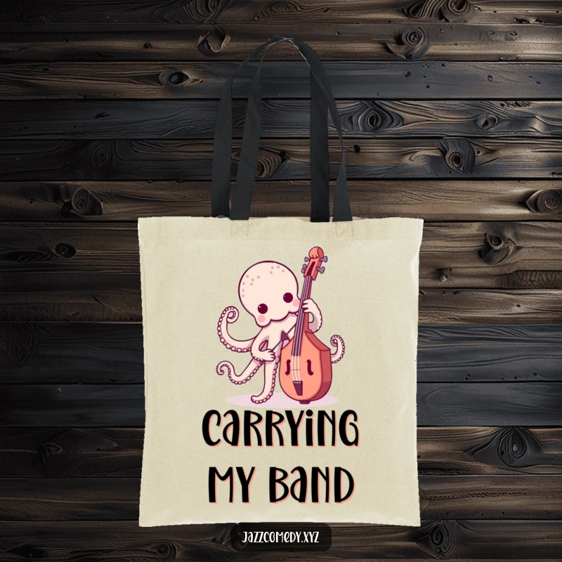 Funny octopus with a bass guitar, ready for a concert, a stylish and humorous tote.